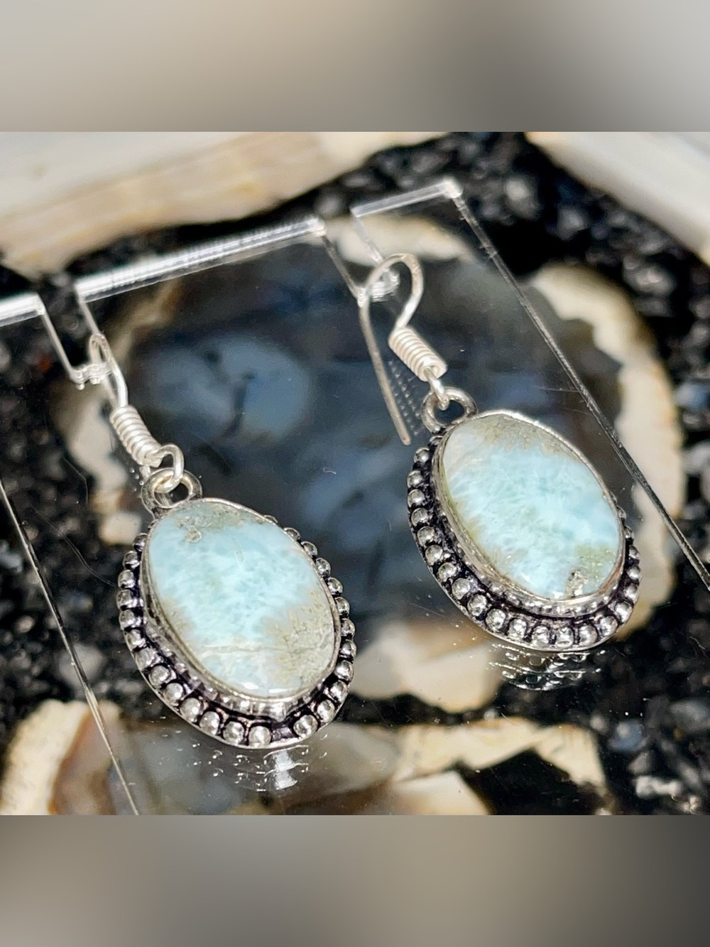 Dainty Caribbean Larimar Crystal Earrings 1 1/2”